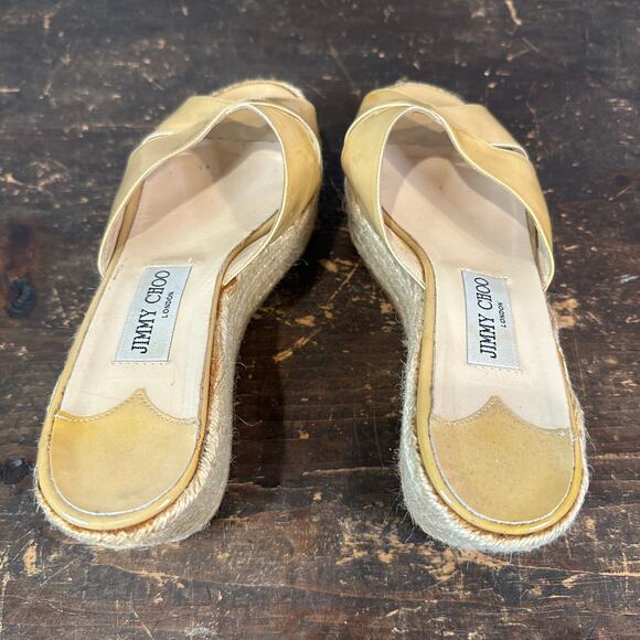 Jimmy Choo Beige Patent Leather Wedge Sandals US Size W10 - Picture 6 of 15